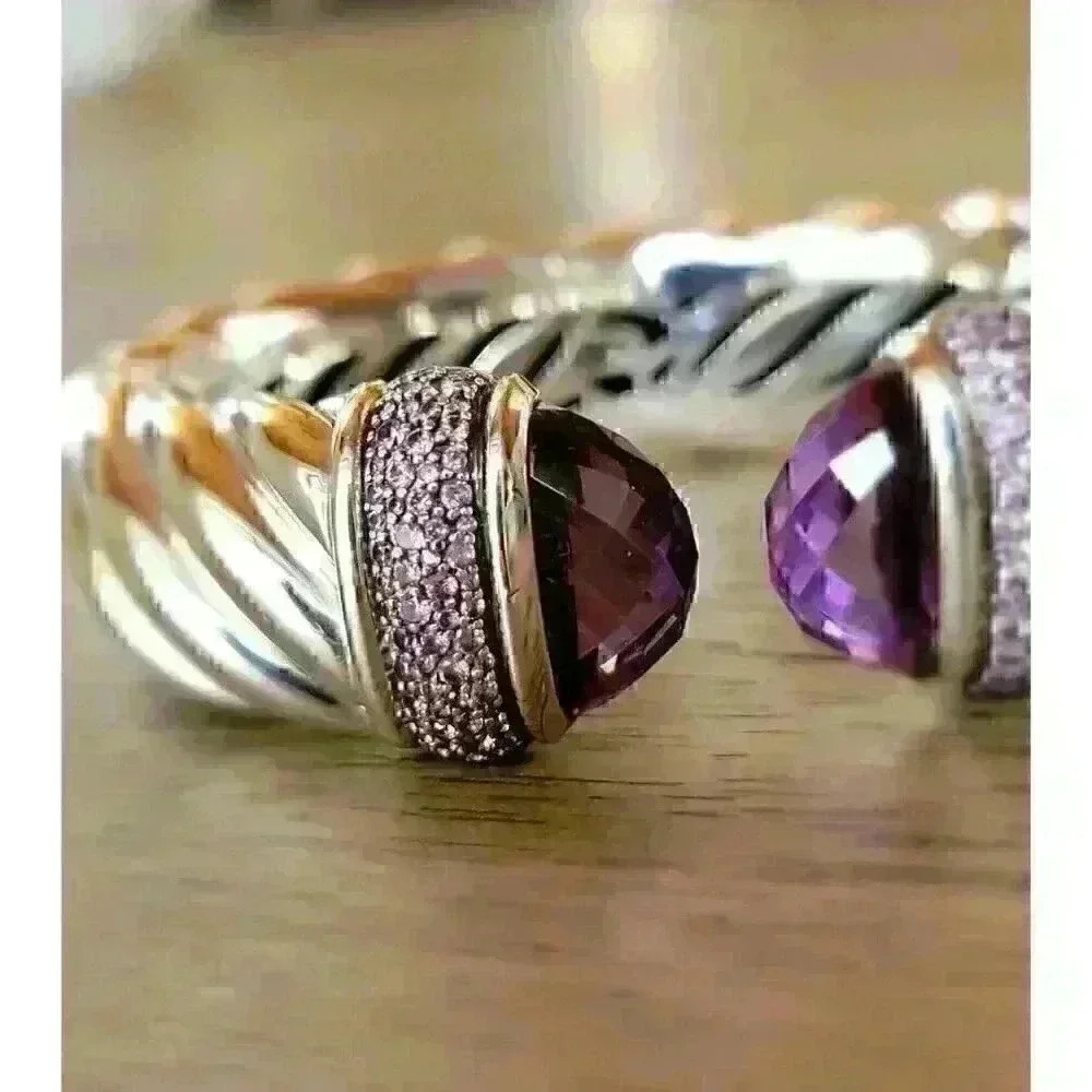 David Yurman 925 Sterling Silver Waverly 18mm Amethyst Hinged Cuff Bracelet - Picture 4 of 7